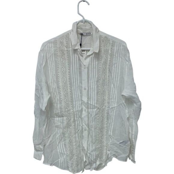 Zara Womens Button Up Shirt Size S White Lace Long Sleeve 2903/040 NWT - Picture 2 of 12